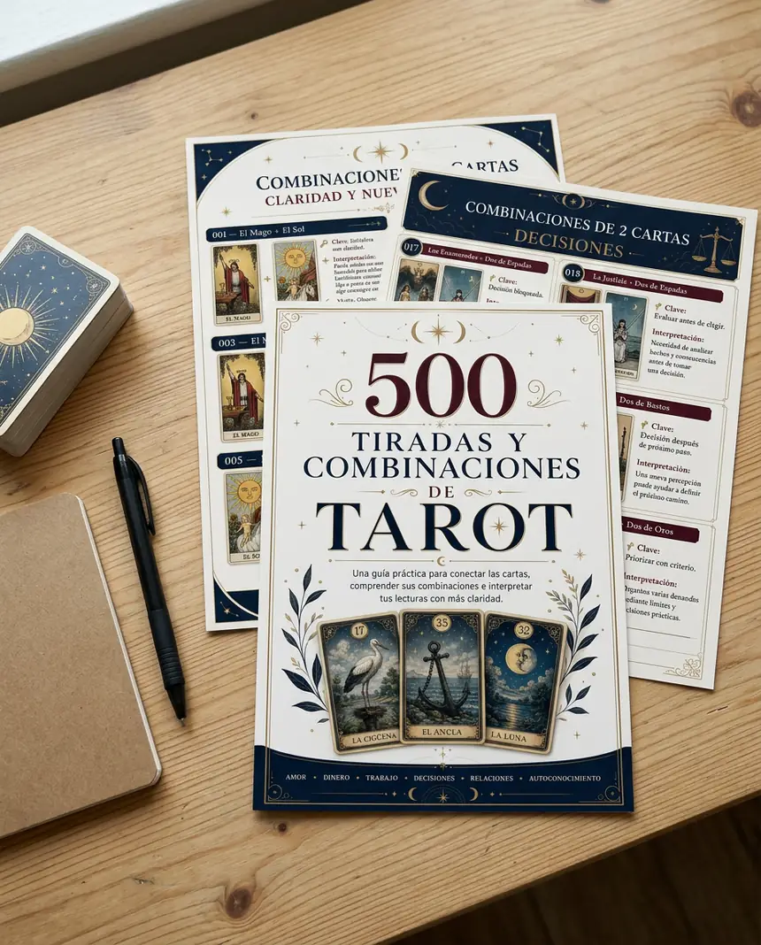 Material 500 Tiradas y Combinaciones de Tarot impreso sobre una mesa